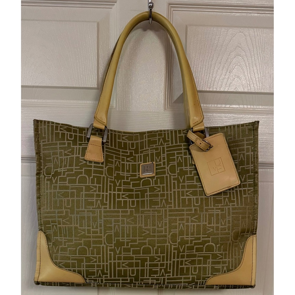 Vtg Diane Von Furstenberg Green Tan Jacquard Signature Logo Tote Bag Work Travel